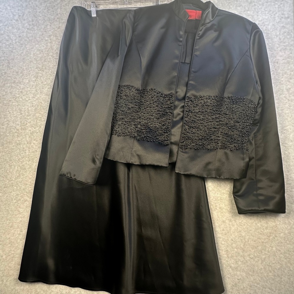 JS Collections Vintage 90s Y2K Black Satin 3Pc Skirt Suit Set Beaded Gala SZ 16
